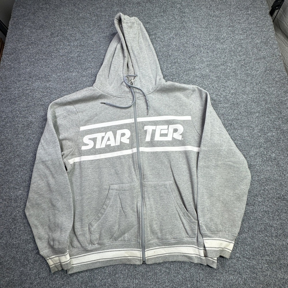 Starter Full Zip Hoodie Mens L Gray White Spellout Retro Streetwear Logo Fleece
